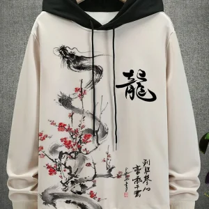 Áo hoodie dây rút dài tay in hoa rồng Trung Quốc