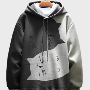 Áo hoodie dây rút dáng rộng in họa tiết mèo hoạt hình